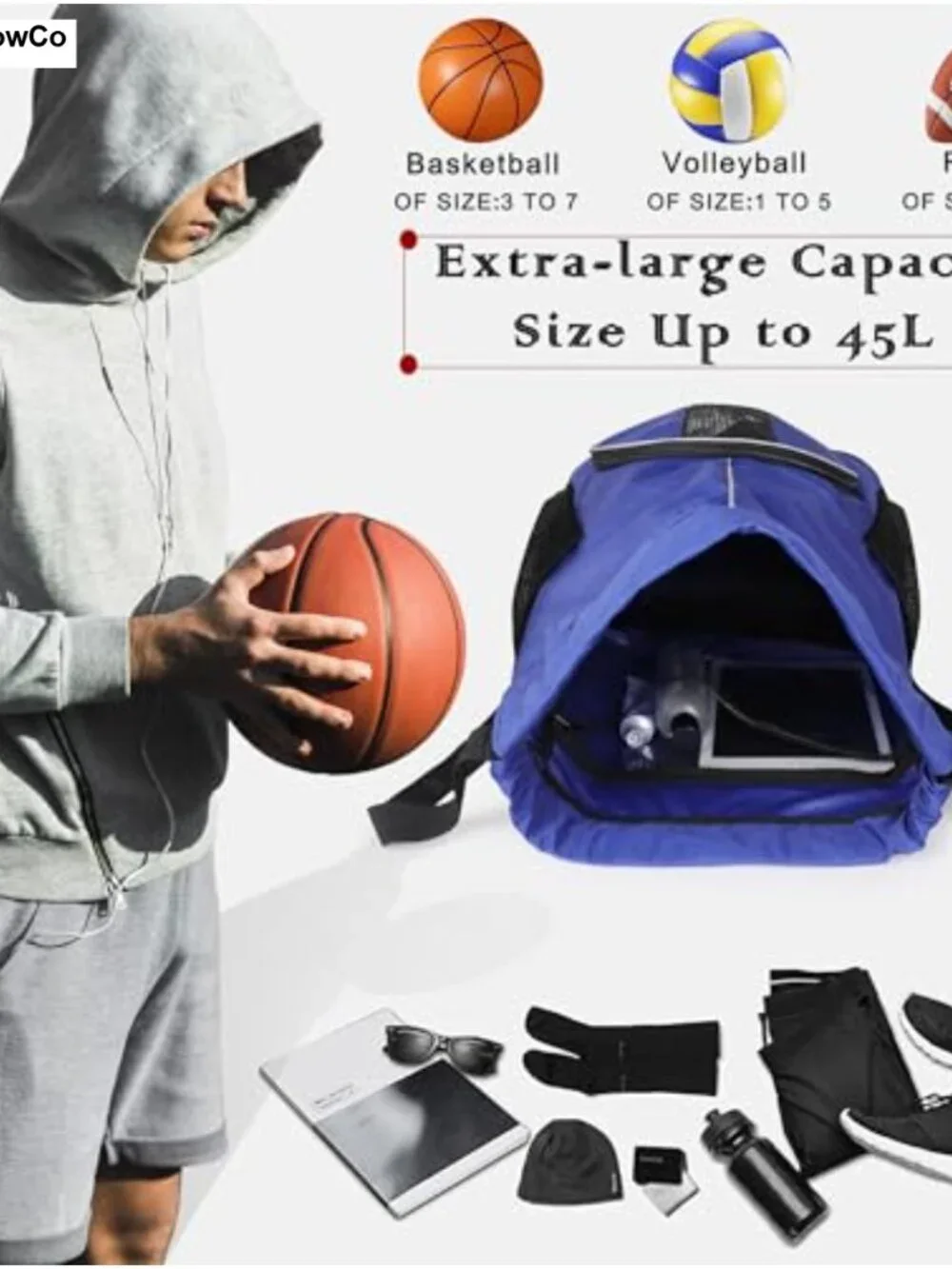 45L Drawstring Basketball Backpack Nylon Sports Bag Shoe Compartment Gym